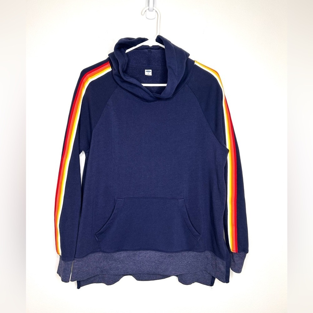 Old Navy Women's Long Hoodie Sweatshirt Sz M Navy Striped Relaxed Fit Cabincore